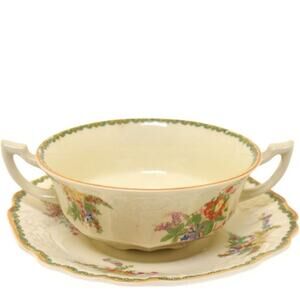 Devon Myott Staffordshire England Cup With 2 Handles and Underplate 1930’s 7”